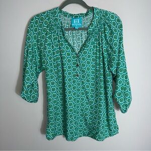 Escapada 3/4 Sleeve Popover Blouse Top-Green Blue White-Rayon-Medium